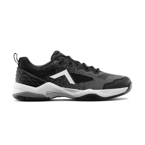 Black and gray pickleball shoes featuring a white logo, breathable upper, and textured sole for lateral stability.