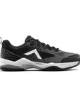 Black and gray pickleball shoes featuring a white logo, breathable upper, and textured sole for lateral stability.