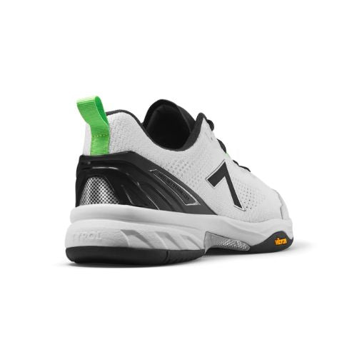 White and black pickleball shoes with green heel loop, featuring a black 7 logo and a Vibram rubber outsole.