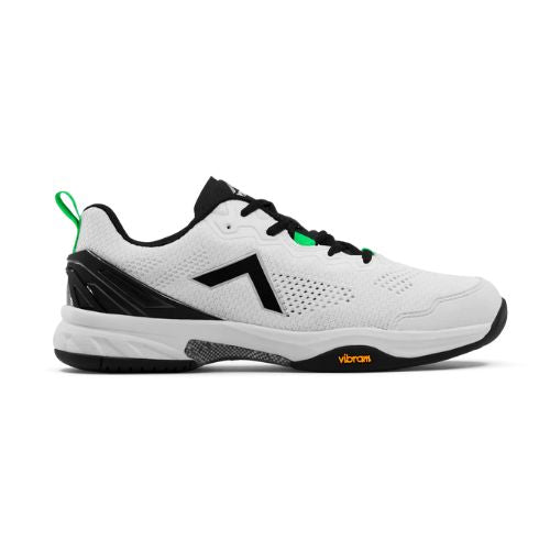 White and black pickleball shoes with green accents, featuring a perforated design and a Vibram rubber outsole.