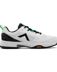 White and black pickleball shoes with green accents, featuring a perforated design and a Vibram rubber outsole.