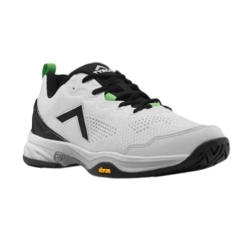 A white pickleball shoe with a vibrant Vibram rubber outsole design and black and green accents.