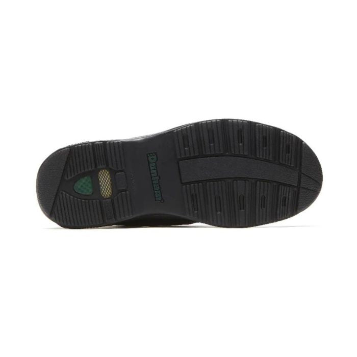 Black rubber outsole with Dunham logo printed in the center.