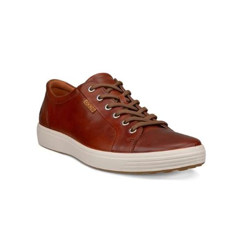 A cognac nubuck casual sneaker with a white midsole and brown outsole. A brown leather tag near the laces show the Ecco logo. 