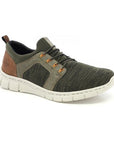 Green and black mesh sneaker with bungee laces and brown accent heel