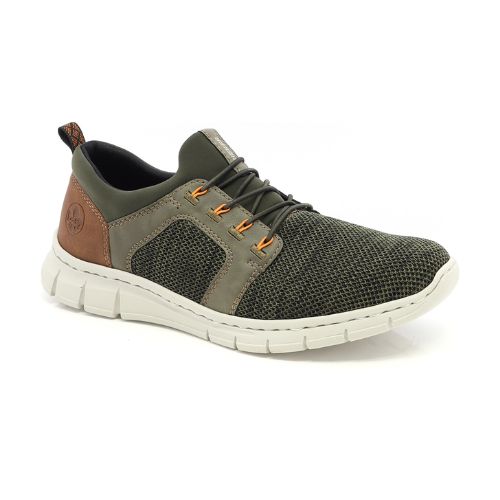 Green and black mesh sneaker with bungee laces and brown accent heel