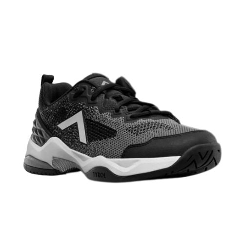 Black athletic shoe with breathable upper and textured sole for lateral stability.