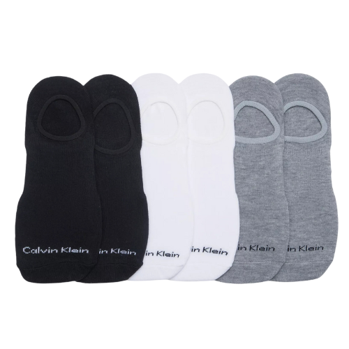 Two black, two grey and two white cotton sock liners with Calvin Klein logo on toe.