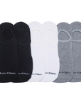 Two black, two grey and two white cotton sock liners with Calvin Klein logo on toe.