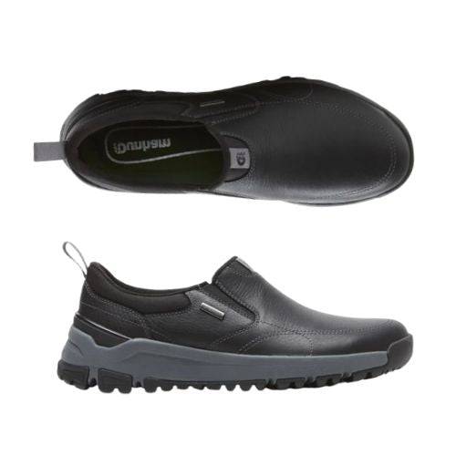 Pair of Dunham black leather slip on sneakers with green logo'd footbed, waterproof metal charm, grey midsole and black rubber outsole.