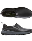 Pair of Dunham black leather slip on sneakers with green logo'd footbed, waterproof metal charm, grey midsole and black rubber outsole.