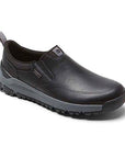 Dunham black leather slip on sneaker with grey midsole and black rubber outsole.