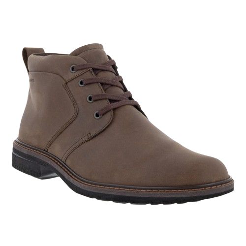 An Ecco Brown leather low-heel boot with detailed stitching, brown laces, light brown stitches on mid-sole with dark brown outsole. 