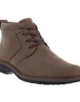 An Ecco Brown leather low-heel boot with detailed stitching, brown laces, light brown stitches on mid-sole with dark brown outsole. 