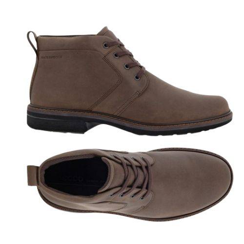 A pair of Ecco Brown leather low-heel boots with detailed stitching, brown laces, waterproof stamped at heel,  light brown stitches on mid-sole with dark brown outsole. 