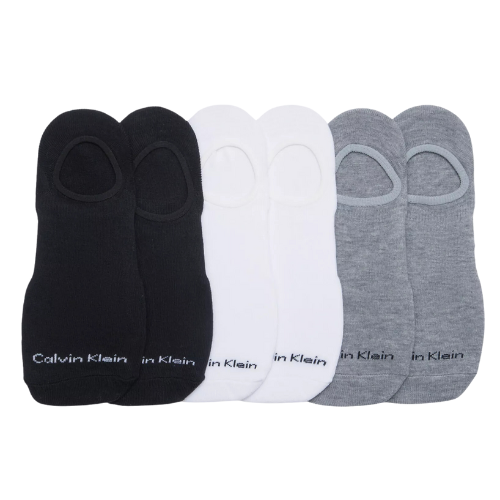 Two black, two grey and two white cotton sock liners with Calvin Klein logo on toe