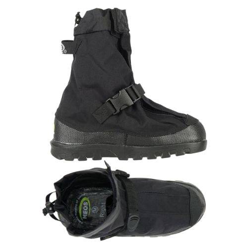 Neos Voyager Over Shoes in black, showcasing side profile and top view with adjustable strap and wide opening for convenience and comfort.