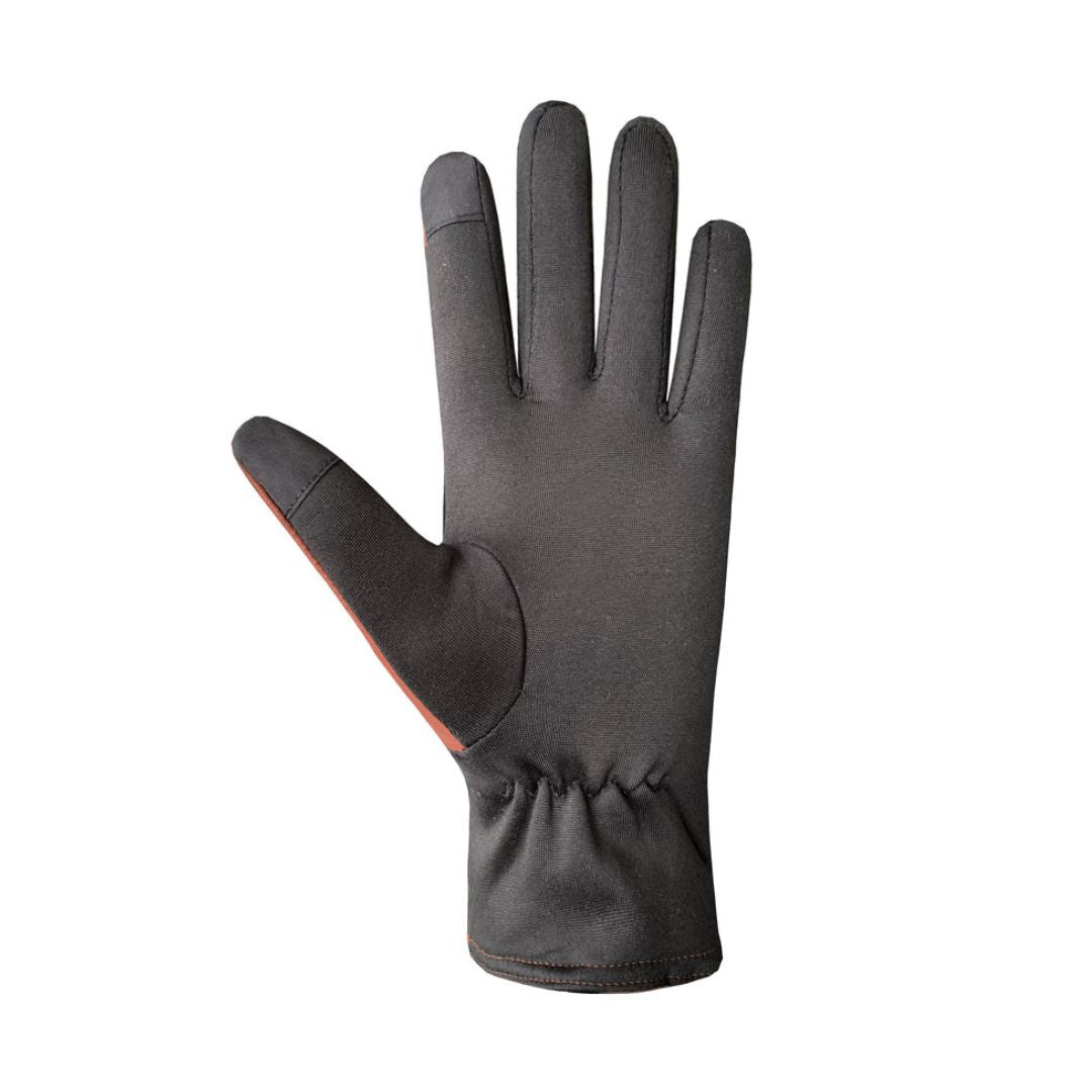 Black spandex material palm of a cognac Auclair glove with touchscreen friendly fingertips. 