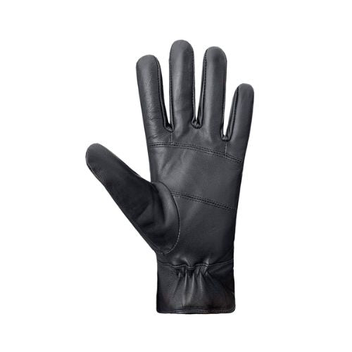 An Auclair black leather glove with diagonal stitched details across the palm and gathering at the wrist.