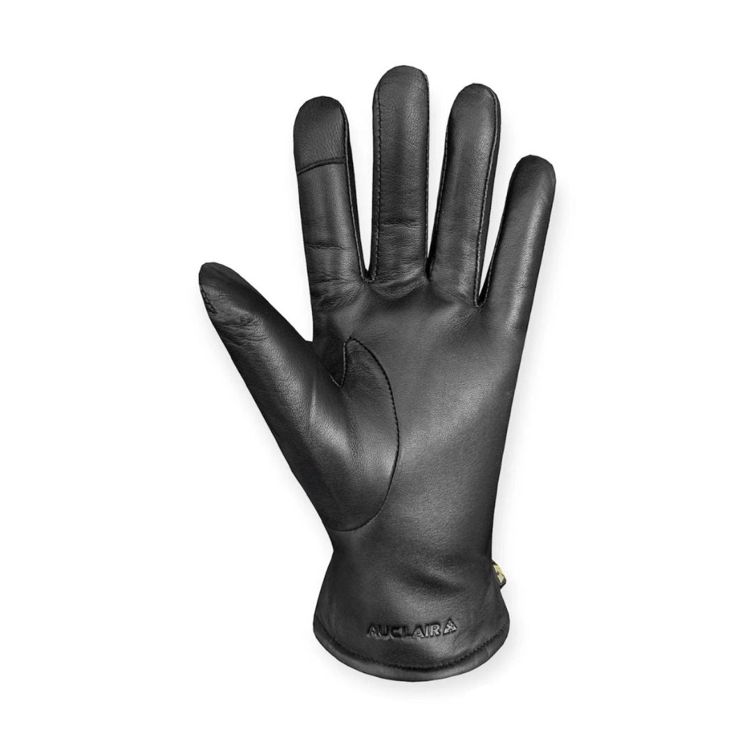 A black leather glove plam, with embossed Auclair branding at cuff.