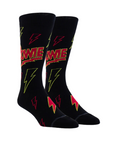 Navy crew socks with "Bowie" and a red and yellow outlines of lightening bolts on it