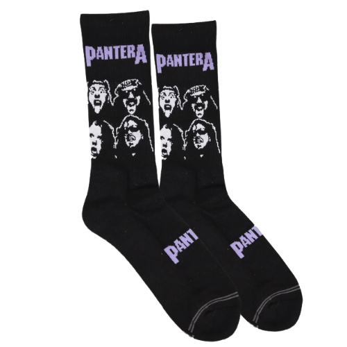 Black socks with Pantera words and the band members silhouettes 