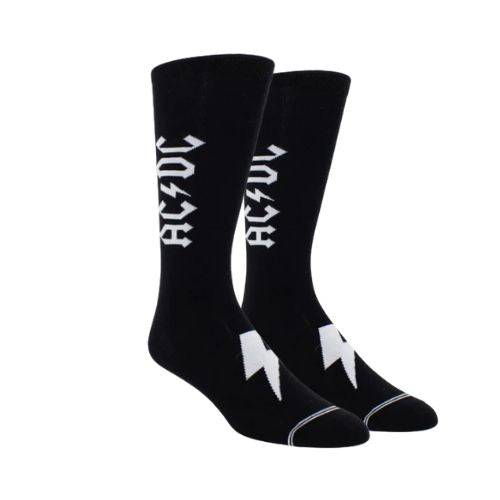 Pair of Black socks with AC/DC logo on calf and lightening bolt on instep.