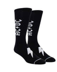 Pair of Black socks with AC/DC logo on calf and lightening bolt on instep.