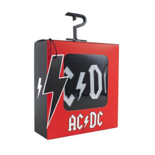 Red and black Gift box with black AC/DC socks shown through clear box window and lightening bolt tag hanging.