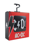 Red and black Gift box with black AC/DC socks shown through clear box window and lightening bolt tag hanging.