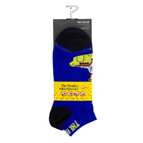 Blue socks with Yellow Submarine words and image of the Beatles iconic submarine image in package.