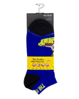 Blue socks with Yellow Submarine words and image of the Beatles iconic submarine image in package.