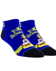 Blue socks with Yellow Submarine words and image of the Beatles iconic submarine image.