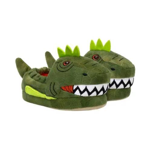 Green dinosaur-themed slippers with teeth and scales design.