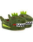 Green dinosaur-themed slippers with teeth and scales design.