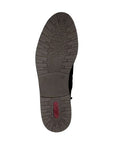 Boot sole with textured tread pattern, featuring a red logo imprint and shock absorbing rubber outsole.