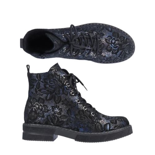 Top and side view of 72010 Combat Boot showcasing black floral lace design, lace-up closure, and lightweight construction.