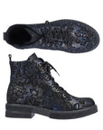 Top and side view of 72010 Combat Boot showcasing black floral lace design, lace-up closure, and lightweight construction.