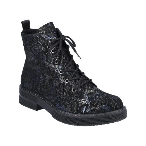 72010 Combat Boot in black synthetic leather with floral lace overlay, featuring lace-up design and durable rubber sole.