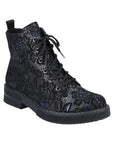 72010 Combat Boot in black synthetic leather with floral lace overlay, featuring lace-up design and durable rubber sole.