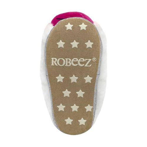 Robeez Celestina Light-Up Slippers with baby shoe soles and white star patterns on a brown background.