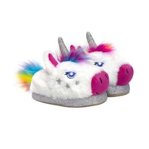 Robeezs Celestina Light-Up Slippers with rainbow manes and silver horns.