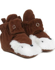 Brown fox booties with snap closure and white furry fox face on toe.