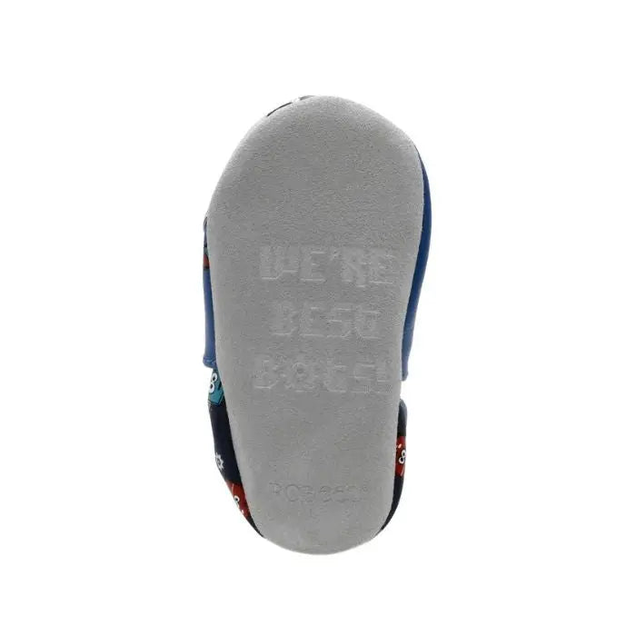 Grey suede leather outsole with "We're best bots!" and Robeez imprinted on it.