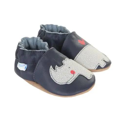 Robeez Soft Sole Shoes - Friends featuring hippo design on black leather with slip-resistant suede soles, ideal for babies and toddlers.