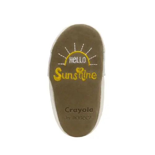 Brown suede outsole with yellow text reading hello sunshine and Robeez logo on heel.