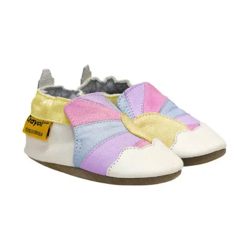 Pair of kids shoes featuring a rainbow design and brown suede outsole.