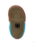 Brown suede leather shoes which say little web crawler on it. Spider image on bottom. Marvel and Robeez logo imprinted on heel.