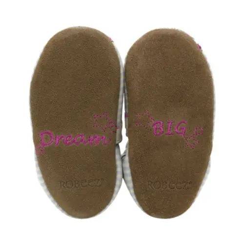 Robeez Soft Sole Shoes - Reach for the Stars featuring brown suede soles with 'Dream Big' embroidered in pink. Ideal for healthy foot development.