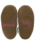 Robeez Soft Sole Shoes - Reach for the Stars featuring brown suede soles with 'Dream Big' embroidered in pink. Ideal for healthy foot development.